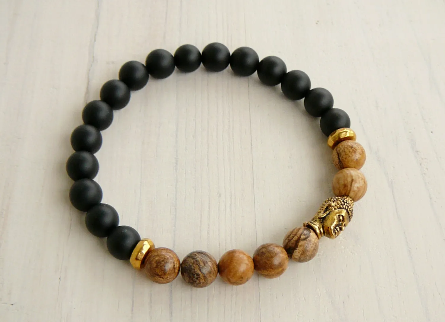 SN0243 Lucky Gold Buddha Armband Yoga Jasper Black Onyx Armband Mens Black Armband Stretch Armband voor Mannen