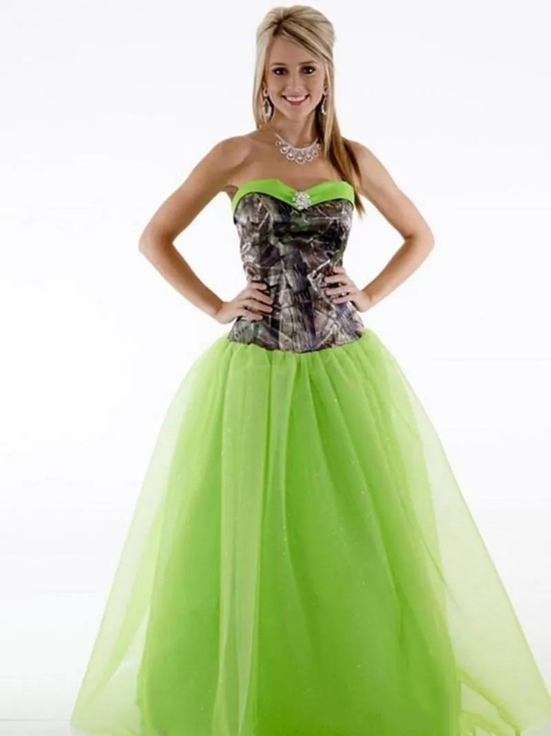 Nova chegada camo dama de honra vestidos sweetheart camuflagem impressão babado broto verde tulle vestidos de noite desgaste um vestido de festa