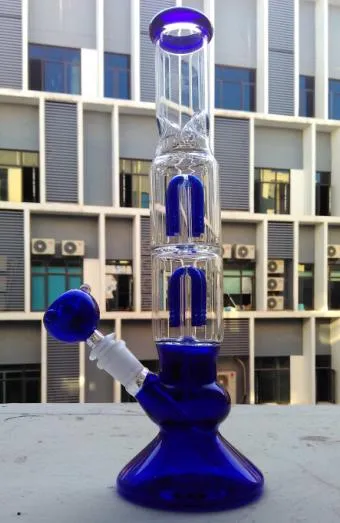 Groothandel - twee functie 4 arm percolator glas bong glazen water pijp blauw glas rokende pijp met 19mm kom en booreiland