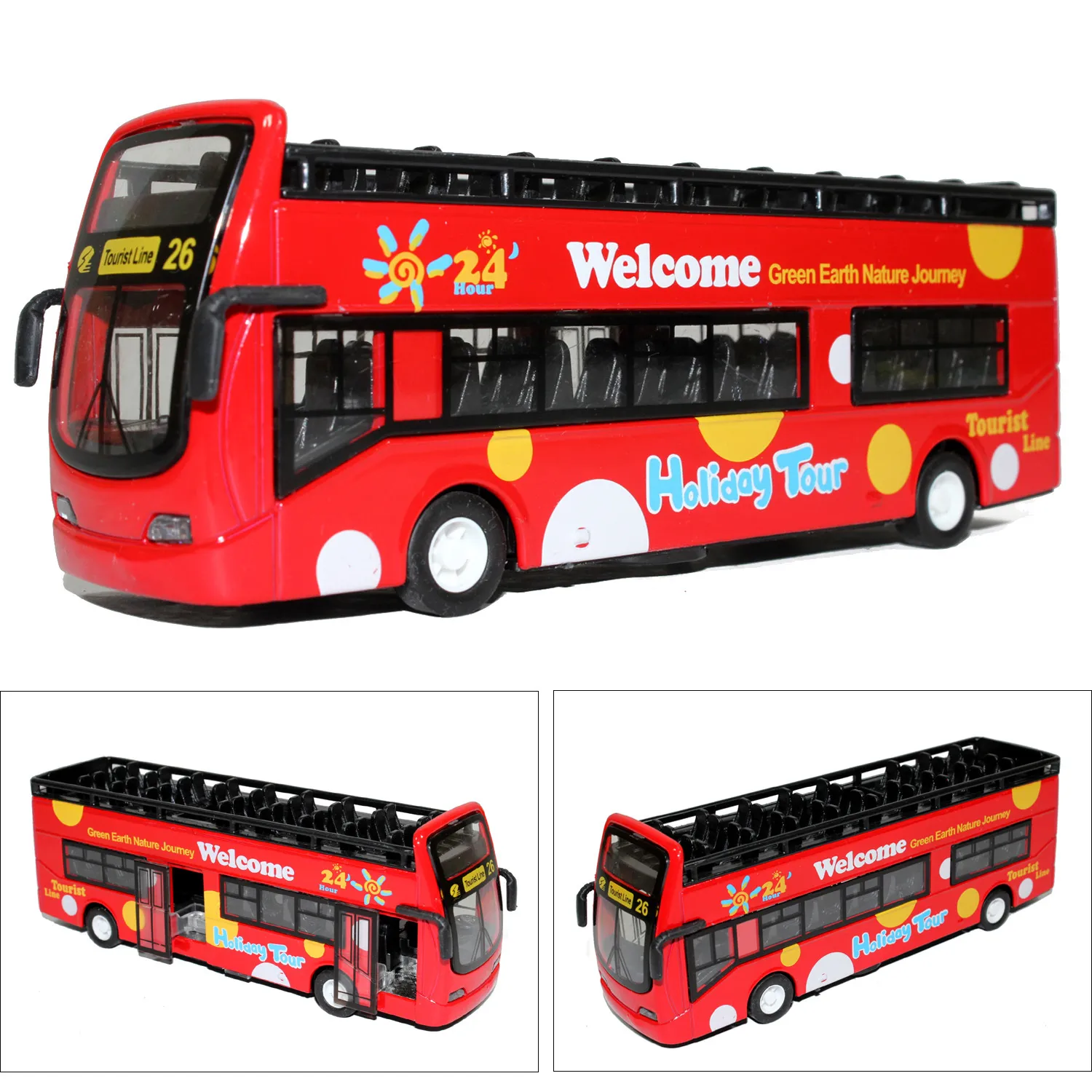 Alloy Bus Model, Sightseeing Bus, Tourist Coach Toy, with Light, Music, Pull back Car, for Kid' Gifts, Collecting, Decoration, 