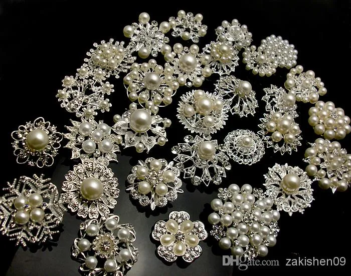 20p silver / guld x blandad bulk bröllop brud dekoration silver färg blomma kristaller broscher brosch bukett rhinestones 001