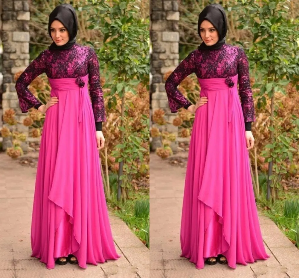 Muçulmanos Aso Ebi Estilo Evening Vestidos de Gola Alta Manga Comprida A Linha de Mulheres Nigeriano Vestido de Noite Flores Pregas Lace Chiffon Robe De Soiree