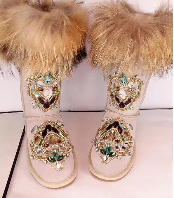 Vintage strass fox fourrure chaussures de mariée chaîne femme mariée chaussure haute qualité cheville longueur bottes hiver usure chaleureuse