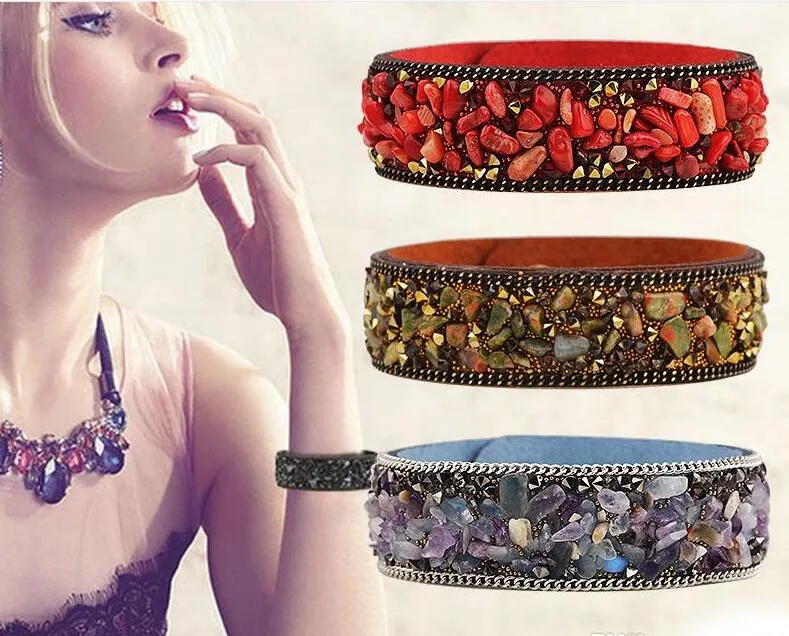 2018 ventes chaudes Bracelet de gravier de haute qualite Bracelet en cristal naturel Bracelet en cuir de pierre multicolore Paris Fashion Model Show