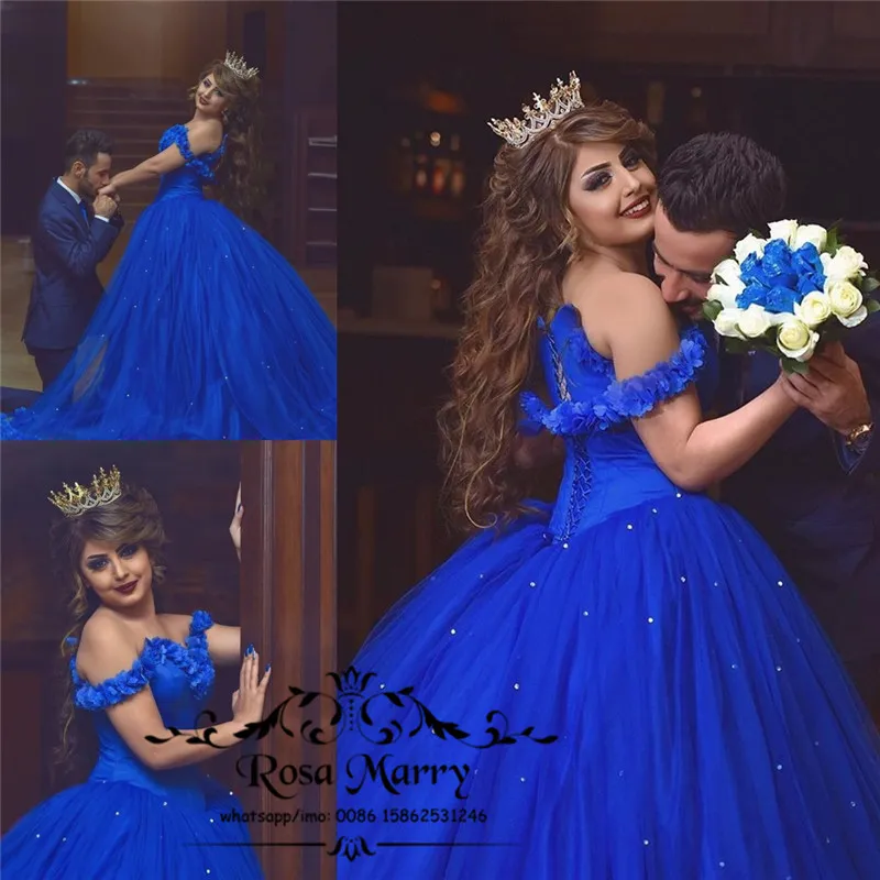Economize muito em Vestidos De Bola Azul Royal: Vestido De Noiva Elegante  De Tule Com Apliques Florais 3D, Design Fora Do Ombro E Delicados Detalhes 
