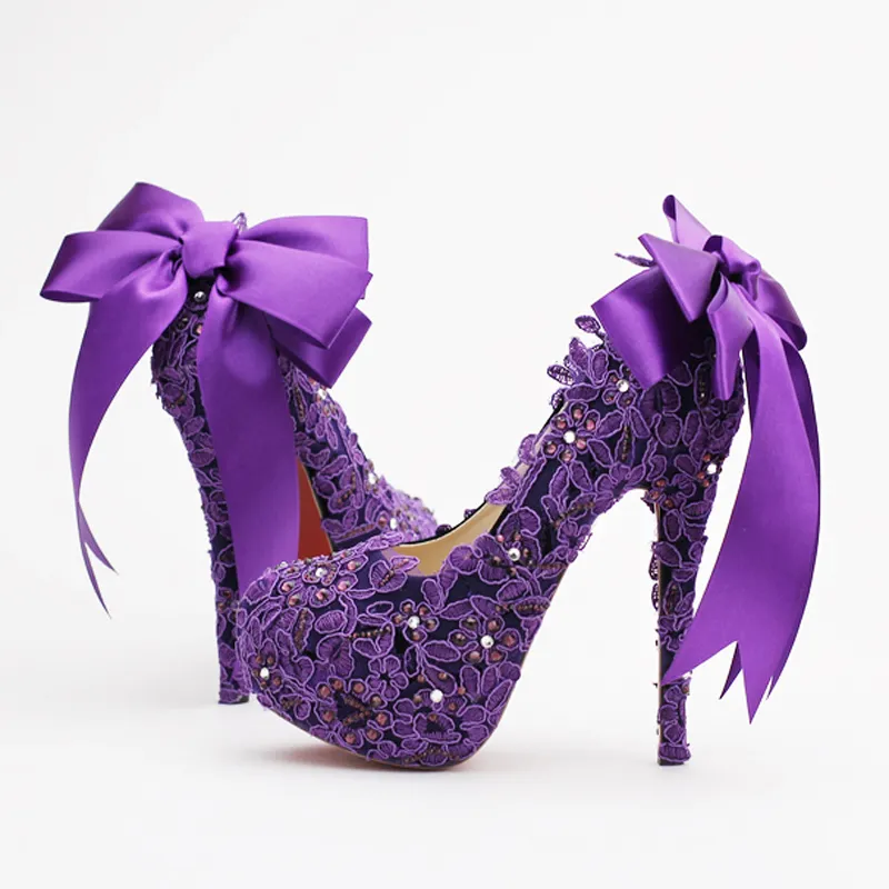 High Heel Fashion Fower Rhinestone Bridal Shoes Purple Lace Wedding Shoes Beautiful Platform Crystal High Quality Women Pumps