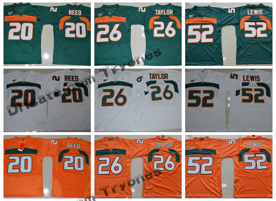 Herr Miami Hurricanes College Fotbollströjor 26 Sean Taylor 52 Ray Lewis 20 Ed Reed Grön Orange Stitched Tröjor