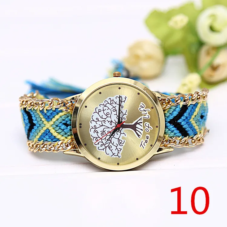 2015 nieuwe horloges 13 kleuren Geneva dames vrouwen weven jurk horloge handgemaakte gevlochten boom des levens armband quartz touw horloge