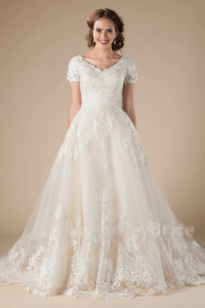 Abiti da sposa modesti vintage in tulle di pizzo a-line con applicazioni a maniche corte Abiti da sposa LDS country occidentali formali Abiti da sposa del tempio