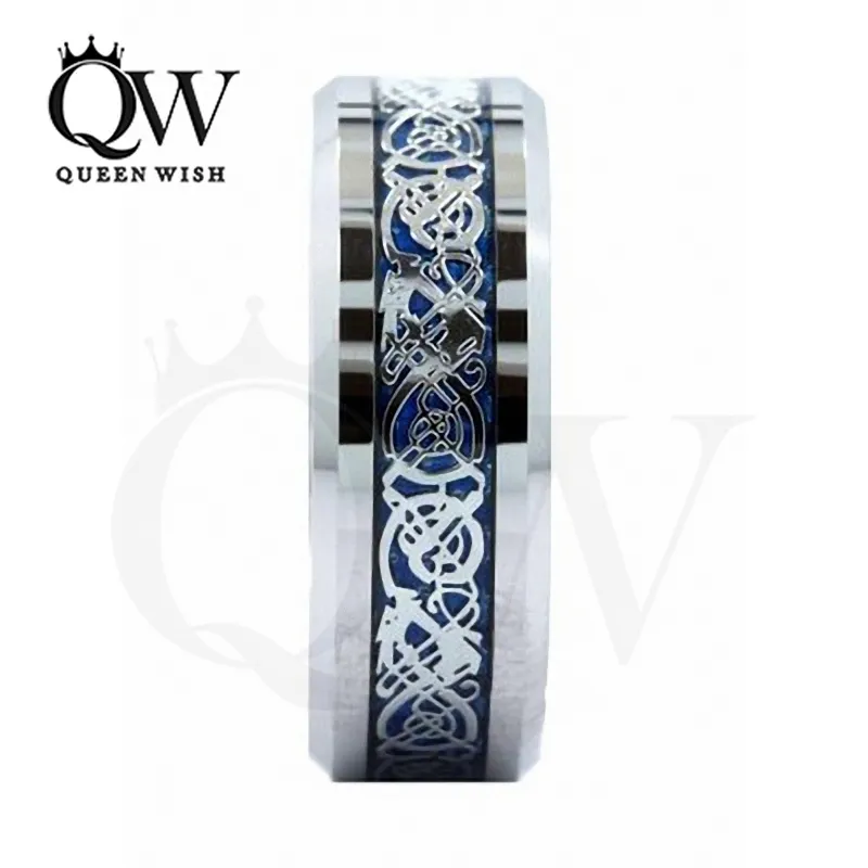 Mens Celtic Wedding Ring 8mm Tungsten Karbid Bröllopsband Blå Bakgrund Silver Celtic Dragon Inlay Silver Bröllop Bands Mode Smycken