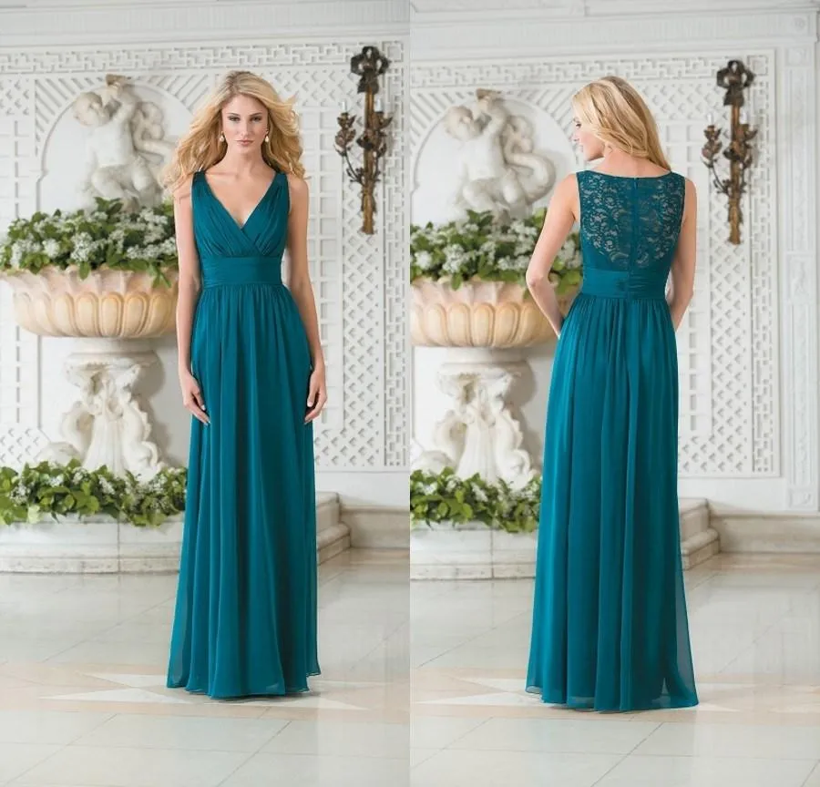 Vestidos de dama de honor largos de gasa verde azulado con cuello en V vintage Una línea de encaje con espalda hueca Vestidos de fiesta de dama de honor simples Vestido de noche de fiesta Barato