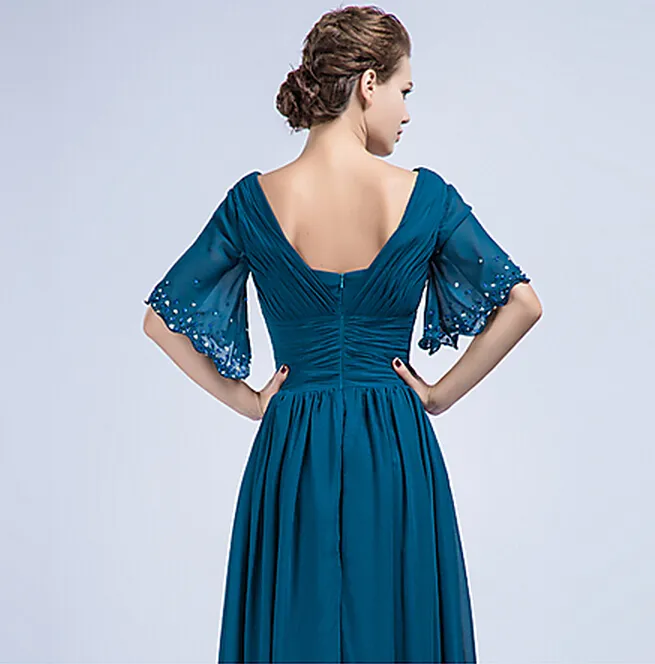 ビーズVネックの床の長さのシフォン母のドレスが付いている新しいフォーマルなイブニングドレスの列の半袖
