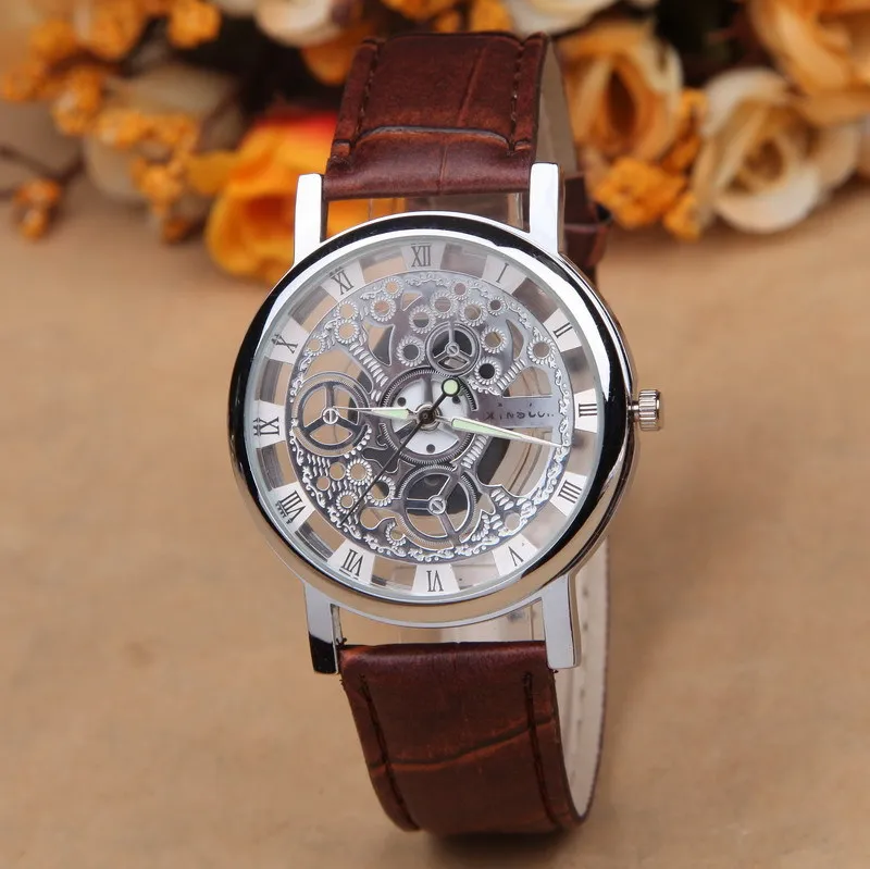 Relojes casuales Hombres de acero inoxidable de lujo Reloj esqueleto Relojes de pulsera de cuero Relojes analógicos de cuarzo niña niño reloj es DHL gratis