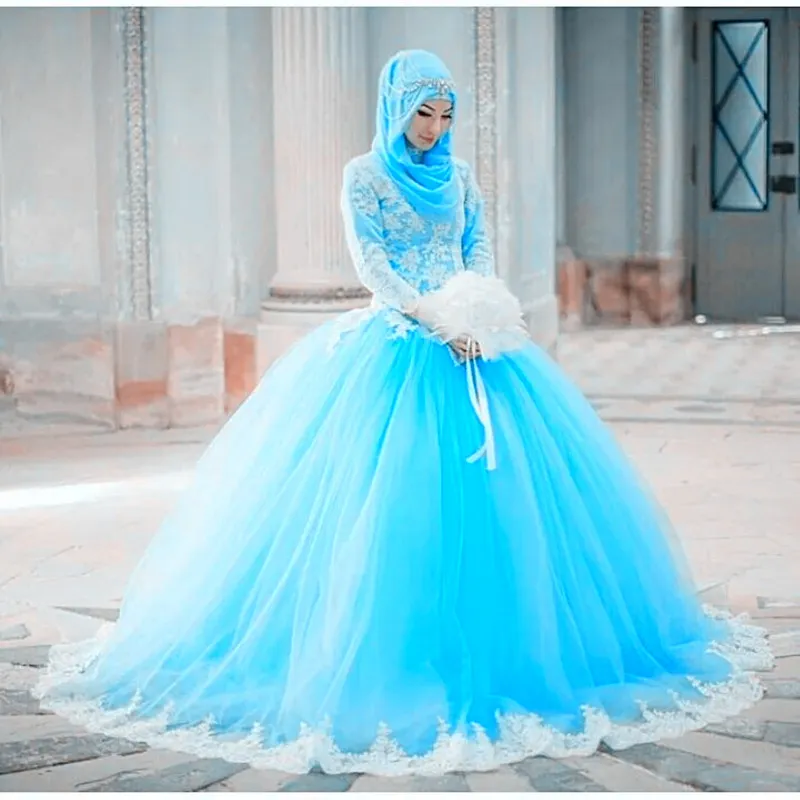 Muslim Vintage Wedding Dresses Colorful New High Neck Long Sleeve Ball Gowns Lace Tulle Middle East Princess Bridal Gowns