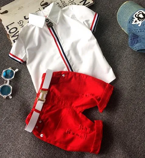 Sommer Baby Jungen Set Floral Weiß Kurzarm Baumwolle Hemd + Shorts Kinder 2 stücke Set Kinder Outfits Kleidung Set 1255