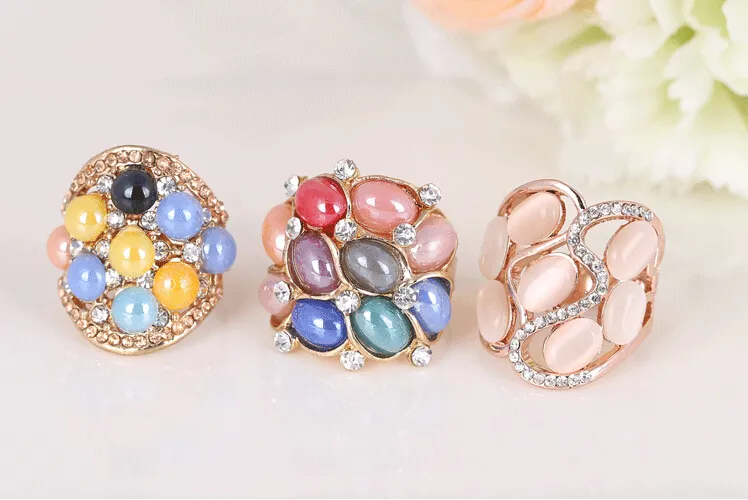 2015 Hot sales fashion woman/girl jewelry pearl crystal opals turquoise Super luxury Exaggerated atmospheric ring Mixed style 