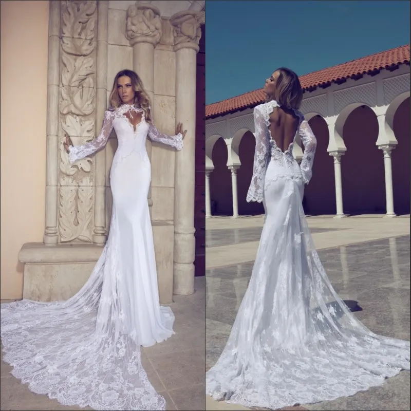 2016 Trendy Mermaid Sexy Wedding Dresses Long Sleeve High Neck Open Back Lace Bridal Gowns Sweep Train Long White Beach Dresses for Wedding