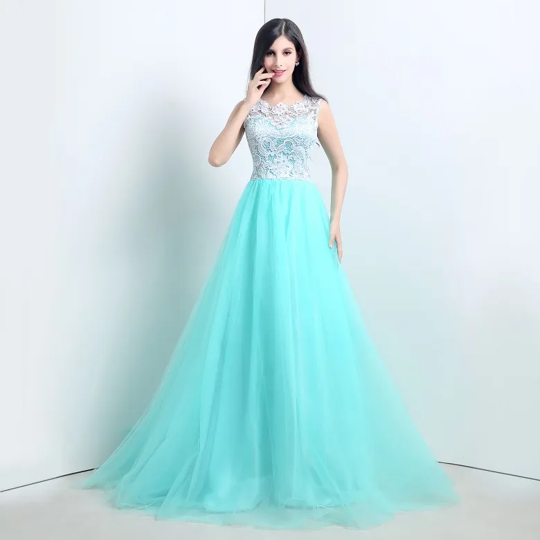 2015 New Stock Elegant A-Line Mint Green Lace Evening Dresses With Appliques Floor-Length Cheap Prom Party Gowns Vestidos De Festa306l