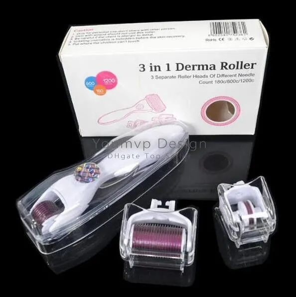 Kit 3 en 1 Derma Roller Titanium Micro Needle Roller 180/600/1200 Aiguilles Skin Dermaroller pour le corps et le visage