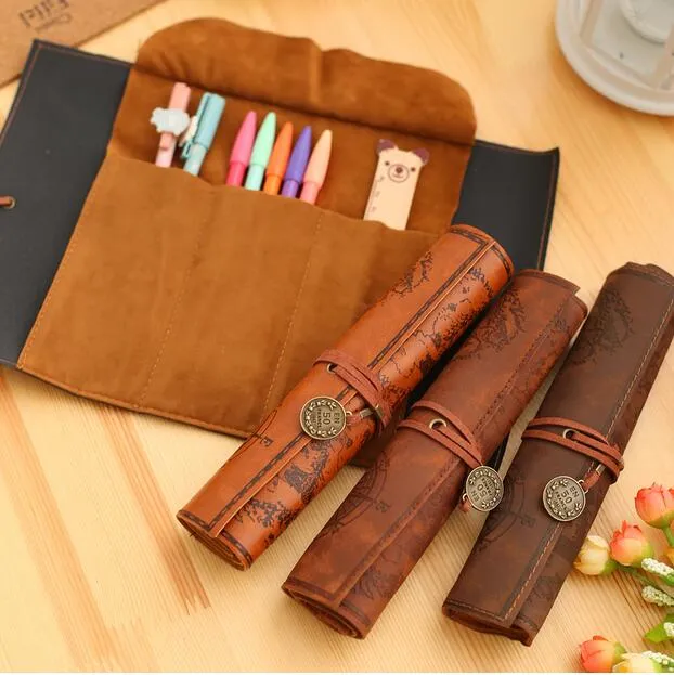 Vintage Retro Treasure Map Pencil Cases Luxury Roll Leather PU Pen Bag Pouch For Stationery School Supplies Make Up Cosmetic Bag G1229