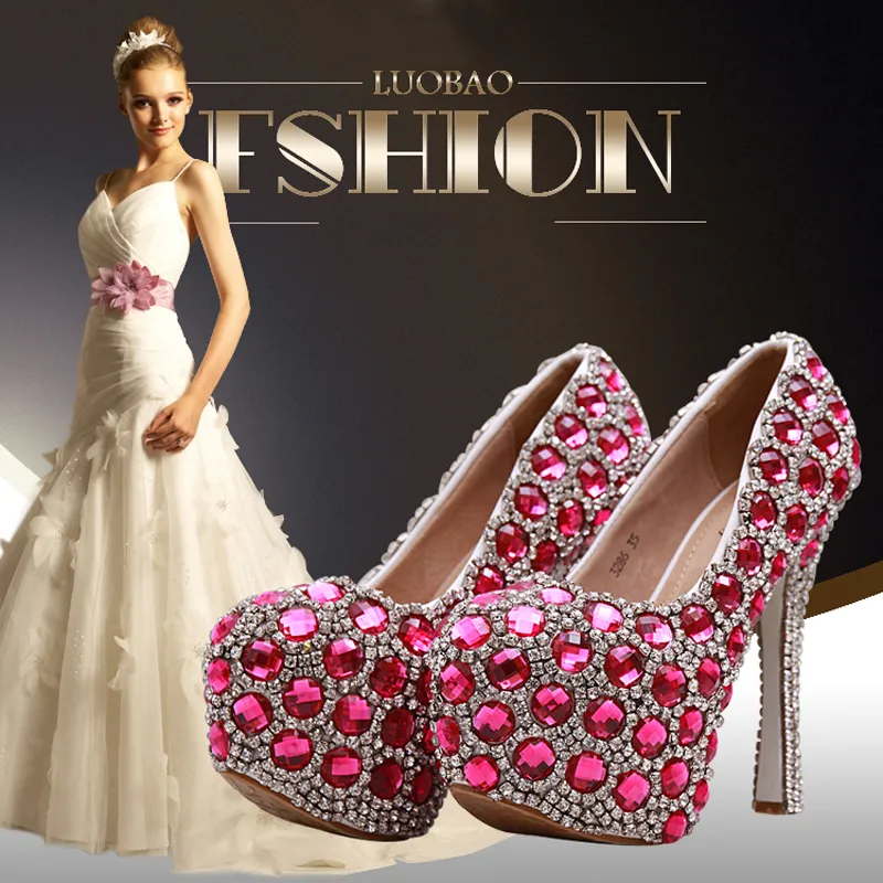 Fashion Women's Pumps Luxury Handmade Leather Wedding Shoes Pink Crystal Platforms Ultra-high Heels Rhinestone Bridal Dress Shoes