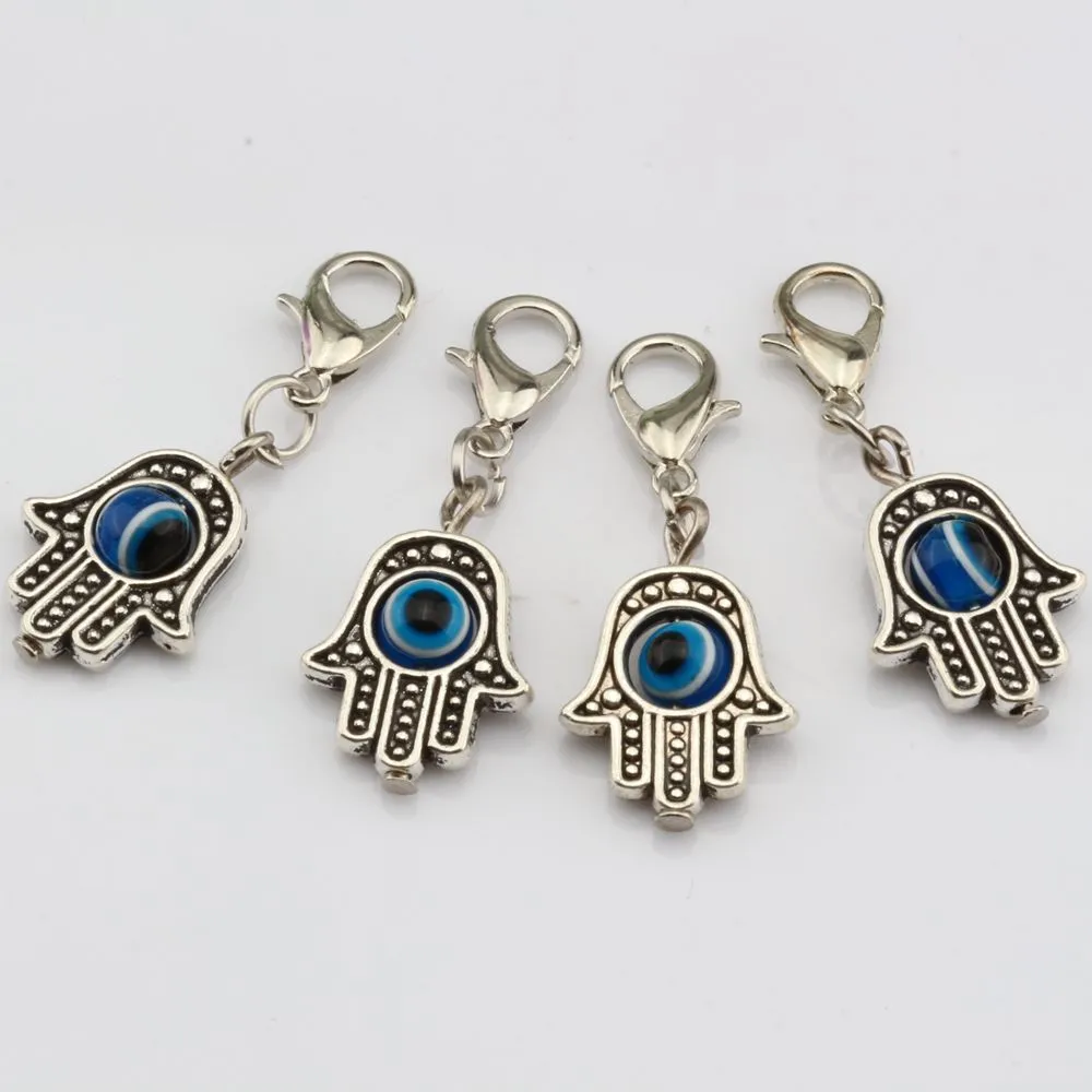 Heiß ! 100 Stück Antik Silber Hamsa Hand EVIL EYE Kabbalah Glücksbringer mit Karabinerverschluss passend für Charm-Armbänder DIY Schmuck 13 x 32,5 mm