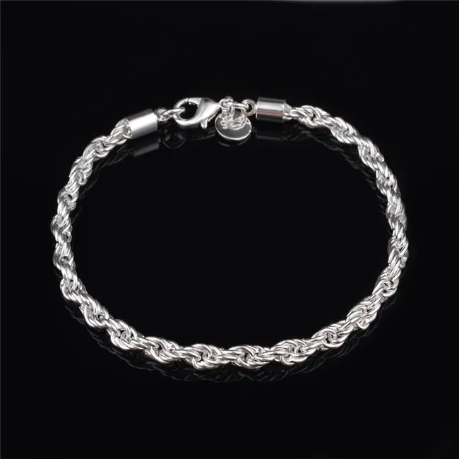 Högkvalitativ 4mm 925 Sterling Silver Twisted Rope Chain Armband Mode Smycken Fabrikspris Gratis Frakt