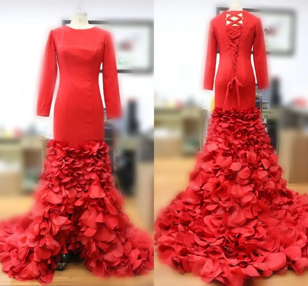 Amazing Red Petals Trailing Evening Dresses 2016 Crew Long Sleeve Slim Fit Prom Dresses Lace Up Back Sweep Train Celebrity Formal Gowns