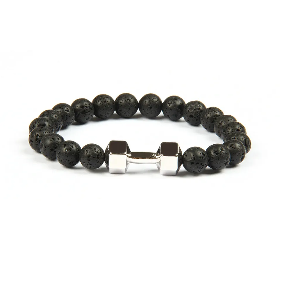 Mens Gift Wholesale New Arrival Alloy Metal Lava Rock Stone Beads Fitness Fashion Dumbbell Bracelets With Words