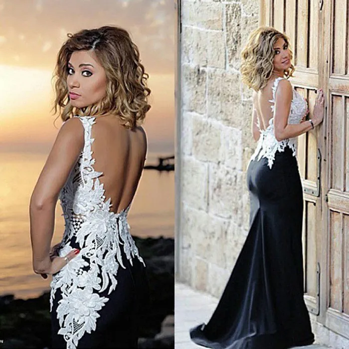 2016 Sexy Backless Avond Feestjurken Kant Geappliceerd Mermaid Prom Dresses Vestido Para Formatura Zwart Wit Afstuderen Jurken Vestidos