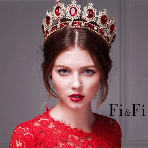 Retro Tiaras Crowns Hair Accessories Large European Royal Crown Golden Crown Head Imitation Ruby Jewelry Wedding Tiara Crowns Ha7648066