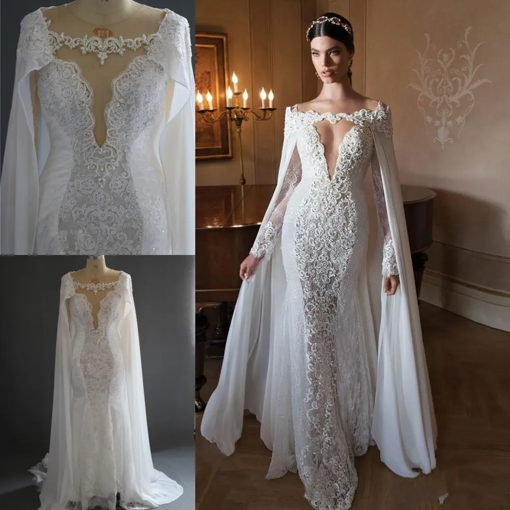 Retro Lace Mermaid Cape Wedding Dress With Cape Long Sleeves, Illusion ...