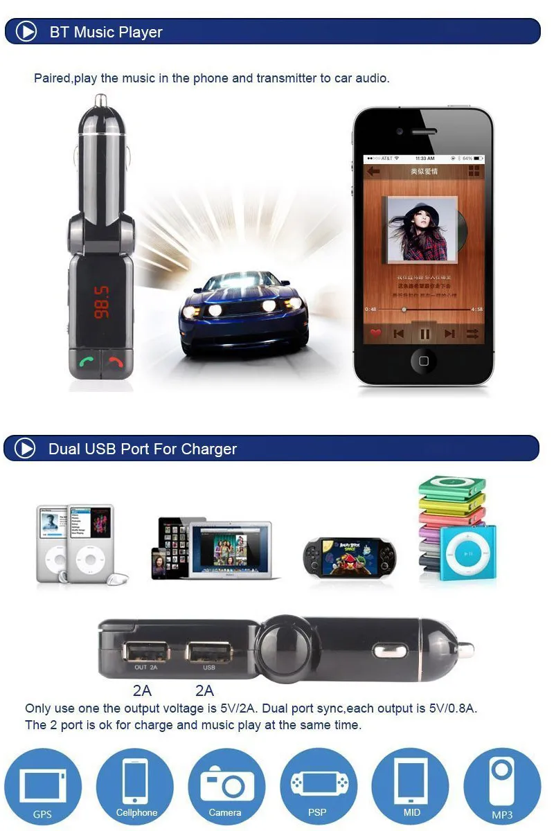 Bluetooth CarキットBC06無線車のスピーカーフォンBTハンズフリーデュアルUSB車の充電器3.5mm AUX IN FMトランスミッタ用Samsung iPhone Mobile