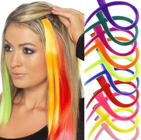 20 "Parrucchino sintetico Colore dei capelli lunghi Un pezzo dritto Clip nelle estensioni dei capelli colorati per le donne cheerleader squadre fan capelli cosplay