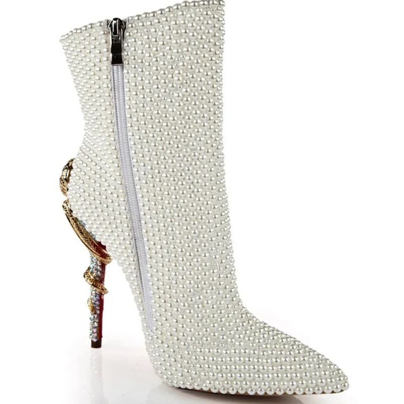 Pearl Wedding Boots elfenben Brudprinsessan High Heel Platform Shoes äkta läder Anpassa Party Prom -stövlar pekade tåpumpar242y