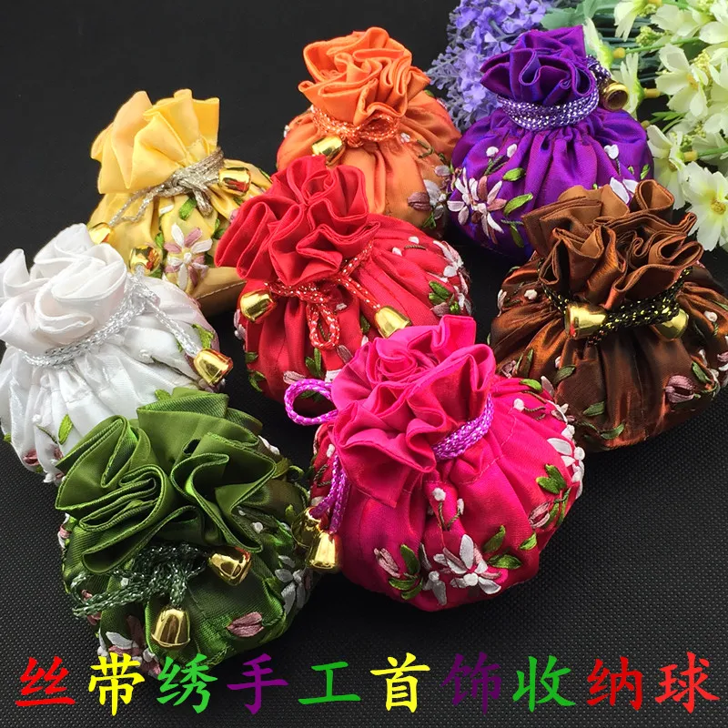 Hand Ribbon Embroidery Small 8 Jewelry Pouches Drawstring Cotton filled Silk Cloth Gift Packaging Bags 10pcs/lot mix color Free shipping