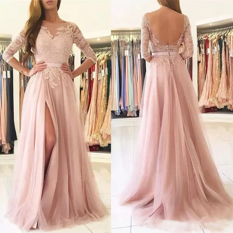 Blozen roze kant applicaties gespleten lange avondjurken met half mouwen backless tule formele prom feestjurken