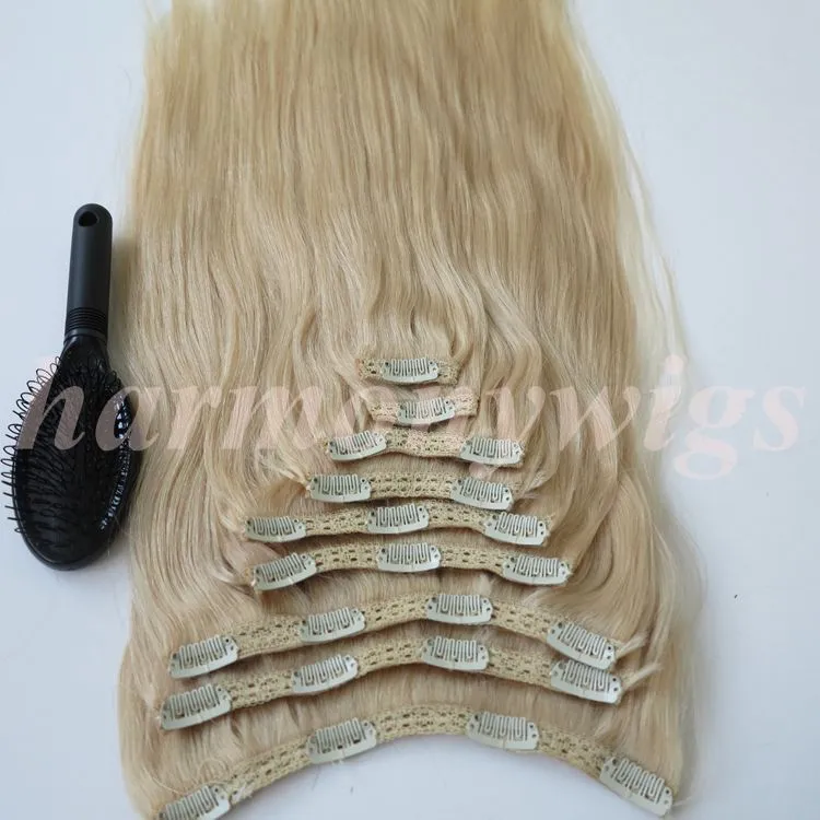 320g Clip en extensiones de cabello 20 22 pulgadas 60 Platinum Blonde brasileño indio Remy extensión del cabello humano 1478895