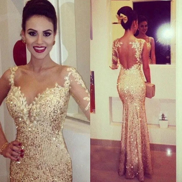 2015 vestidos de baile de ouro com mangas compridas querida Bodycon vestidos de cocktail estilo trompete vestidos formais vestidos de noite com apliques