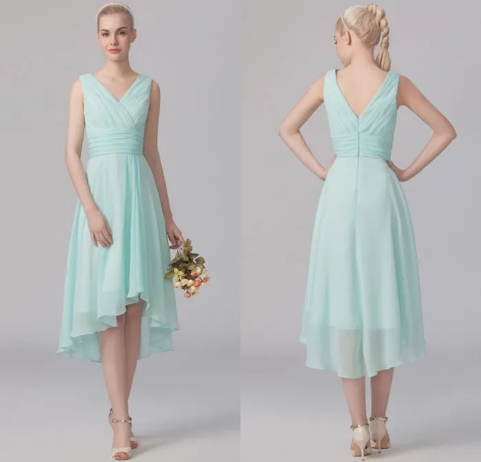 Custom Made A Line V Neck High Low Sage Chiffon Bridesmaid Dress Pleated Beach Style Wedding Reception Party Gowns With Sleeveless