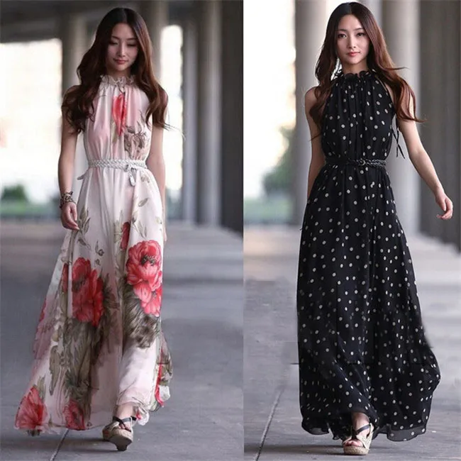 Chiffon Blouse Sexy Women Floral Summer Beach Party Evening Long Chiffon Dress Sundress