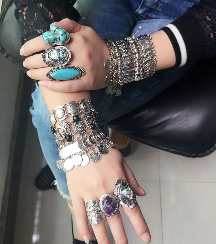 Moda Vintage Bohemian Turkusowe Pierścienie Dla Kobiet Antyczne Srebro Stopu Rzeźba Ring Gypsy Bobo Beach Jewelry Hurtownie 12 szt