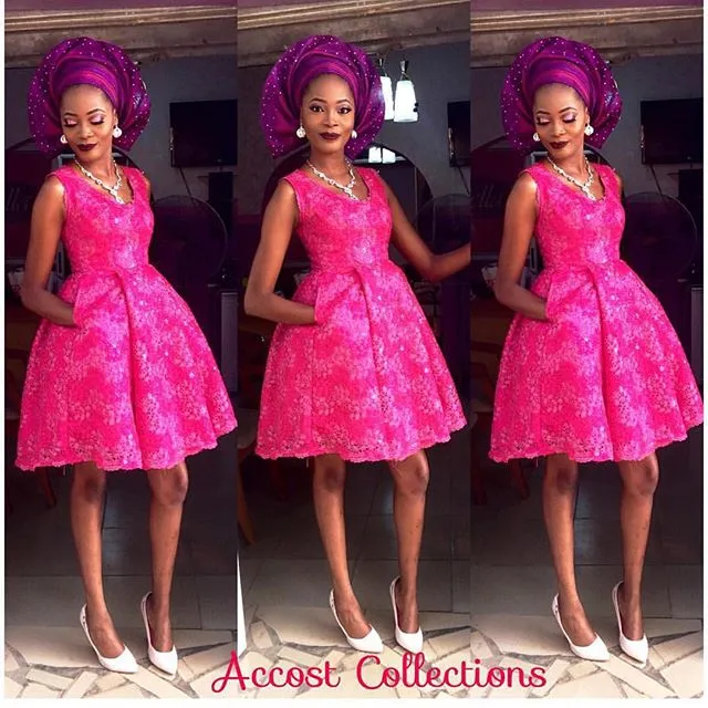 Nigerian Aso Ebi Style Arabo Ball Gown Abiti da sera Appliqued Scoop Bella Naija Abiti da sera da sera Abiti da damigella d'onore rosa Tasca