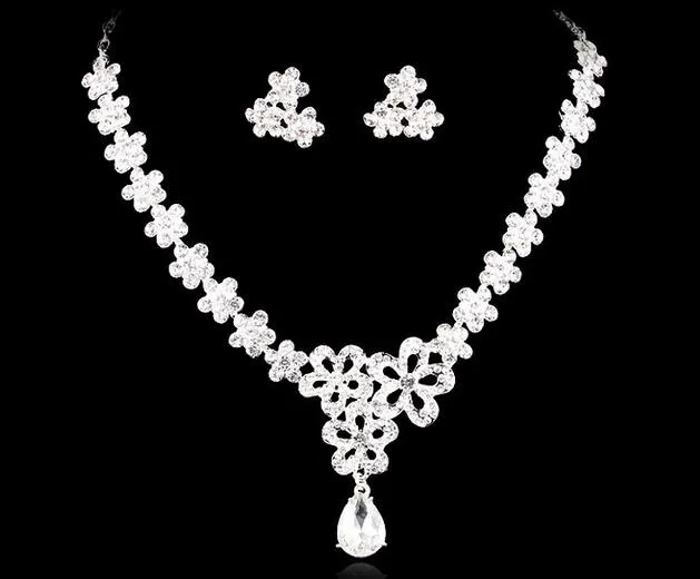 Ожерелье и серьги Кристалл Свадебные Изделия Серебристые Ожерелье Серьги Алмазные Серьги Свадебные Ювелирные Изделия Для Невесты Бределиемы Женщины HT63