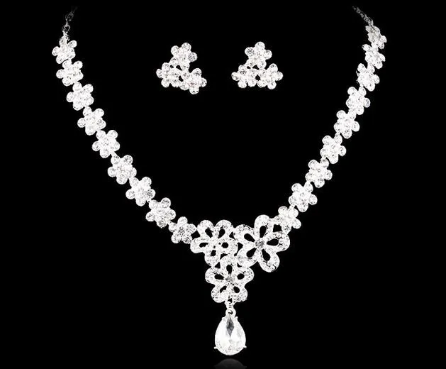 Ketting en Oorbel Crystal Bridal Sieraden Verzilverd Ketting Diamant Oorbellen Bruiloft Sieraden Sets voor Bruid Bruidsmeisjes Dames HT63