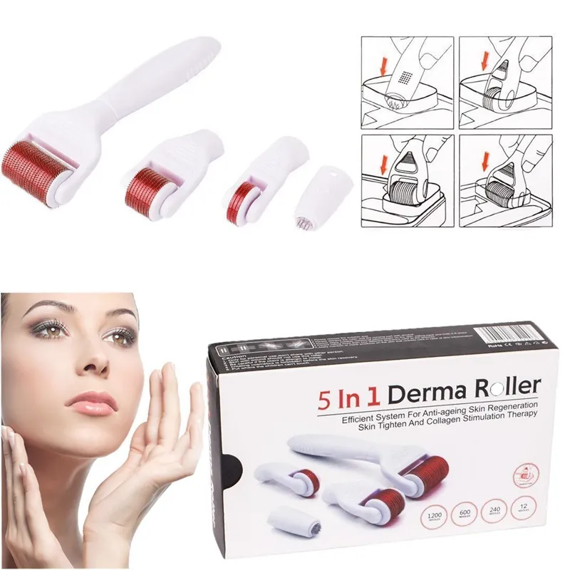 5 en 1 Titane Derma Roller Kit Micronedle Therapy Therapy Therapy Skin Serrer Soins Réjeunissement anti-rides Spots Portable Home Usage