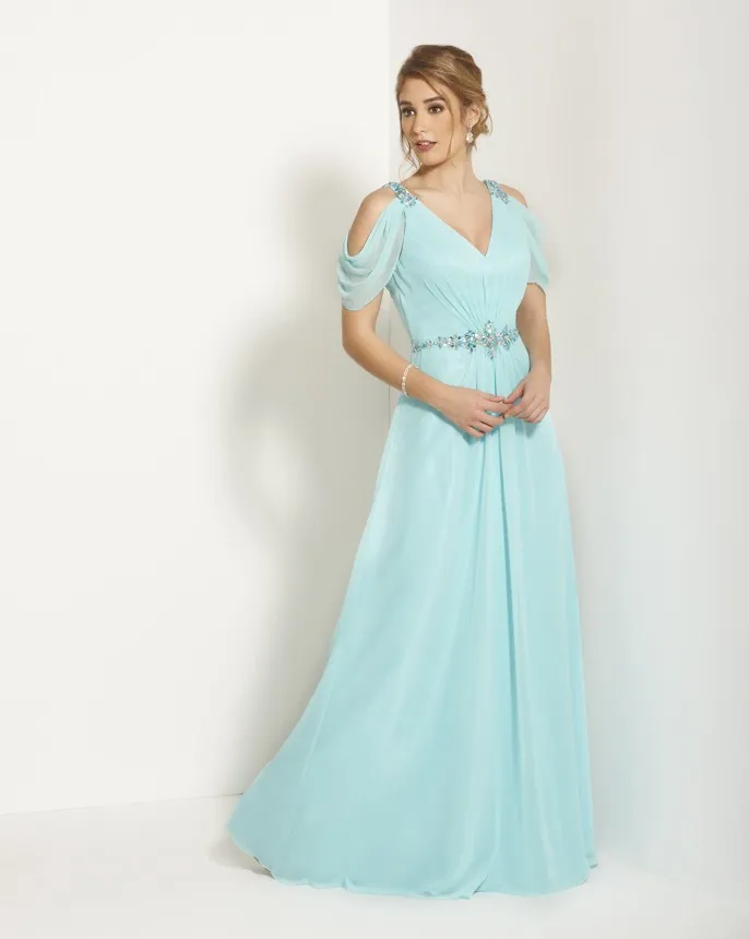 Elegant en linje V-nacke ljusblå mor till bruden klänningar formell kostym med kortärmad golv längd Brudparty klänningar 2015