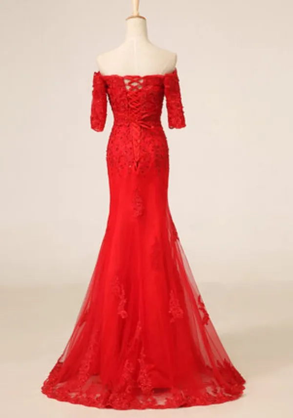 Gorgeous Red Dress Off Shoulder Half Sleeve Chinese Prom Party Dresses Cheongsam Laceup Sweep Train Lace And Tulle With Appliques2221066