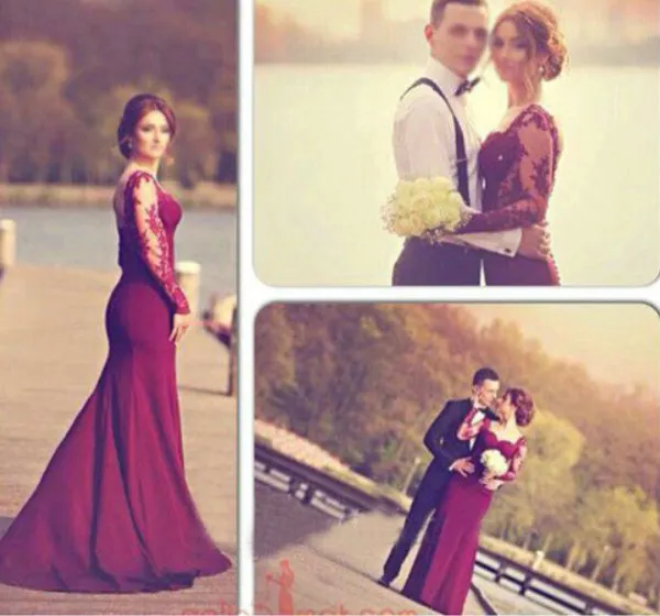 Magnifiques robes de mariée colorées illusion manches longues robes de bal dentelle appliques raisin violet robe de soirée formelle décolleté en coeur