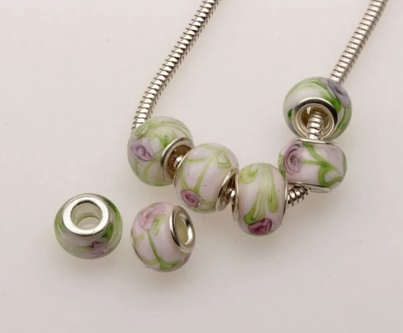 MIC Silver Core Endearing Flower Murano Glass Beads Fit Charms Bracelets 14 x 10mm Jewelry DIY 375